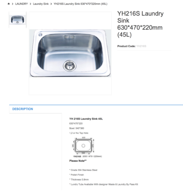 SydneyYH216S Laundry Sink 630*470*220mm (45L) Australia
