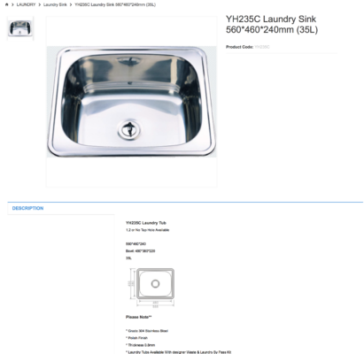 SydneyYH235C Laundry Sink 560*460*240mm (35L) Australia