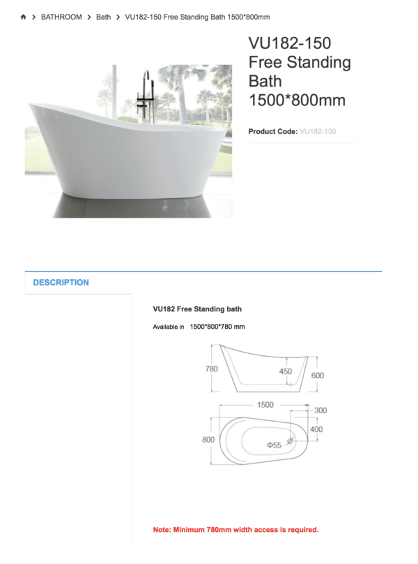 sydney BATHROOM Bath VU182-150 Free Standing Bath 1500*800mm australia