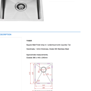 sydney KITCHEN Square Sink (15Items) YH86R-B Square Sink 380*440*250mm (34L) autralia